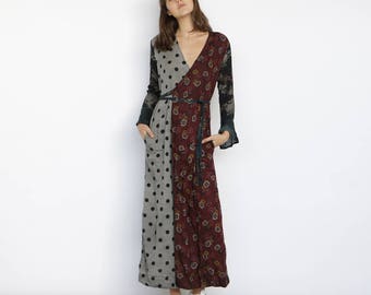 mix print dress, wrap dress maxi, wrap dress long sleeve.