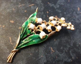Gold Tone Green and White Enamel Lily of the Valley Flower Brooch Pin