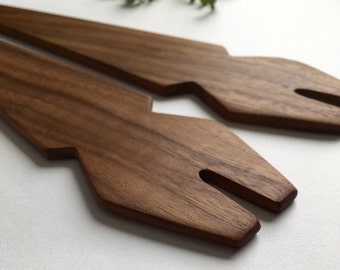 Geo Walnut Salad Servers - one of a kind faceted recycled walnut serving utensils