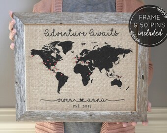 Adventure Awaits World Map, World Traveler Gift, Wanderlust Travel Gift, Gift for Man, Burlap Push Pin Travel Map, Anniversary Gifts for Men