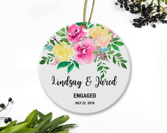 Watercolor Personalized Engagement Gift for Couple Ceramic Ornament Wedding Gifts Newlywed Gift Idea Watercolor Flowers Tree Ornament