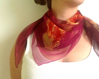 Koi silk scarf, Red violet scarf, Chiffon silk scarf Koi Carps scarf
