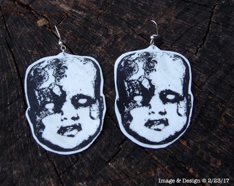 Large Fabric Printed Creepy Doll Head Earrings by Ugly Shyla - Ugly Doll