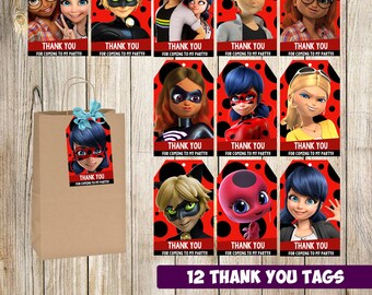 12 miraculous ladybug Thank you tags instant download, Printable miraculous ladybug Thank you cards. gift tags, miraculous ladybug printable