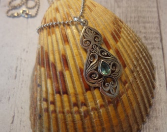 Sterling Silver Vintage Filigree Pendant w/ Pear Shaped Blue Topaz Stone on 16" Sterling Ball Chain, Sterling Silver Jewelry