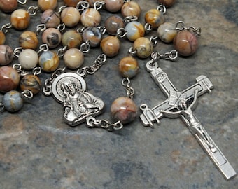 Gemstone Rosary of Moroccan Agate, Men's Rosary, Sacred Heart, 5 Decade Rosary, Catholic Rosary, Agate Rosary