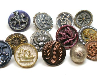 Antique BUTTONS, 13 Victorian metal shabby chic picture buttons, twinkle & picture.