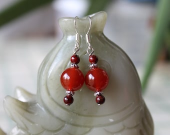 Round Red Agate Earrings, sterling silver hook