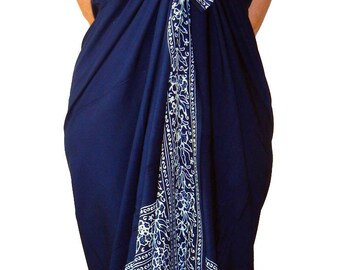 Beach Sarong Pareo Batik Sarong - Navy Blue & White Sarong Womens Clothing Beachwear Wrap Skirt or Dress Swimsuit Coverup