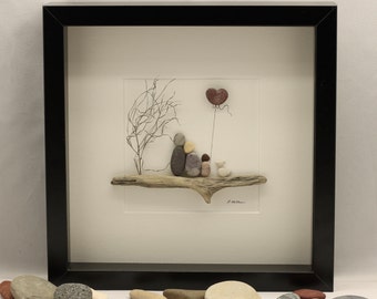 Pebble art, picture of family of three and dog, unique family gift, fathers day gift, birthday, customised family art work, pebble art.