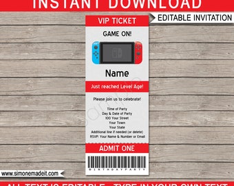 Video Game Party Ticket Invitation Template - Printable Video Game Birthday Party Invite - Gamer Theme - INSTANT DOWNLOAD with EDITABLE text
