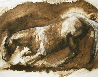 Horse Laying Down, Animal, Contemporary Original Fine Art, Mixed Media Horse Drawing
