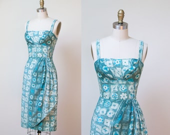 1950s Sarong Dress / 50s Abstract print Cotton Sundress