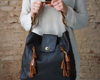 Leather purse, Tassels leather bag, Leather shoulder bag, Black leather bag, leather purse handmade, Leather purse with tassels