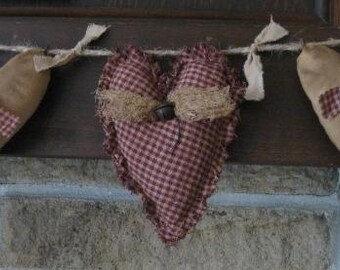 Primitive Heart Garland - 3 Valentine Grungy Fabric Stuffed Hearts - Muslin & Homespun Valentine's Day Decor - Wedding or Anniversary