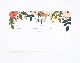 Recipe Cards | 4 x 6 Recipe Card Set, Illustrated Floral Recipe Cards with Hand Lettered Calligraphy: Rosy Grove Recipe Card
