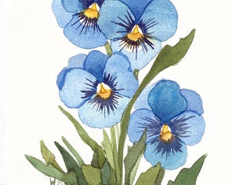 Blue Pansies Watercolor Garden Reproduction