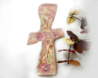 wall art cross - Decorative Wall Cross - pink wall cross - ceramic wall cross - - pink ceramic Cross - religious gift, handmade cross # 28