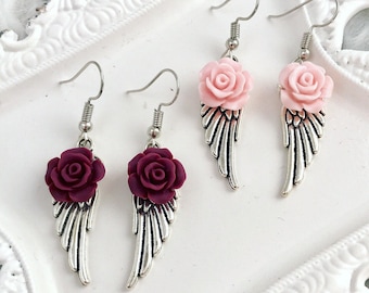 Wing Earrings, Rose Earrings, Silver Wing Earrings, Angel Earrings, Rose Dangle Earrings, Drop Earrings, Earrings for Her, Valentines Day