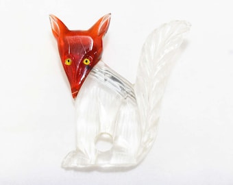 1940s Fox Brooch - Clear Carved Lucite & Root Beer Plastic Pin - 40s Figural Plastic Brooch - Vintage Vixen - Rare - 45971