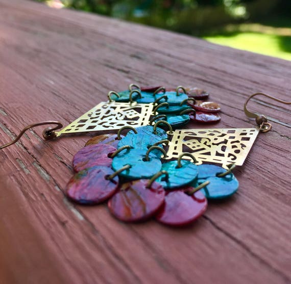 Blue Red Mussel Shell Lazer Lace Drop Earrings