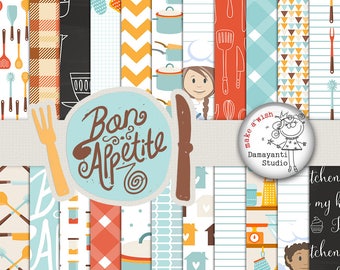 Bon appetite, Food papers, Kitchen papers, retro kitchen digital paper, scrapbook paper, scrapbooking, Bakery Paper, Cooking Paper