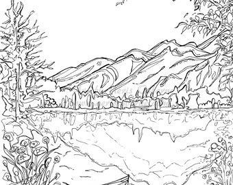 Serenity Jasper Landscape Printable Coloring Page, Canoe Mountain Jasper Lake, Instant Download, Original Ink Pen Drawing by Aeris Osborne