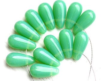 Opal Green Glass drops Czech teardrop beads Seafoam green long drops, 13mm - 15pc - 1231