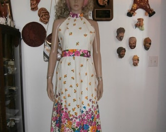 Womens Dress- Haulter Maxi Dress-Bright Floral Sundress Womens Maxi Dress Vintage Dress