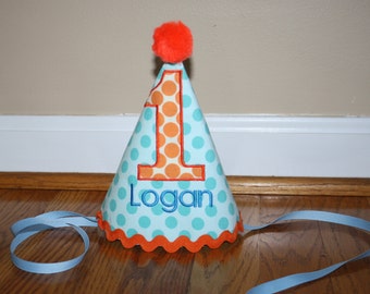 turquoise blue boys first birthday hat, boys 1st birthday hat, blue, orange, cake smash outfit, boys hat, personalized birthday hat