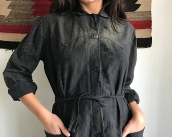 1930s Black Cotton Calico Work/Chore Dress