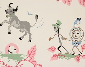1940s Vintage Children's Wallpaper Nursery Rhyme Mother Goose Cat Cow Moon Dish Spoon Dog by the Yard