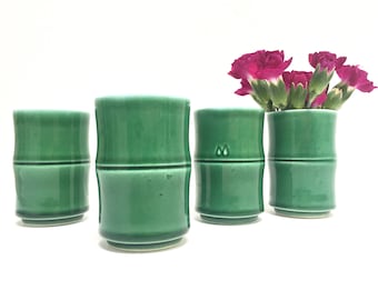 Green ceramic bamboo style sake cups, set of 4 | green bud vases | faux bamboo | small tea cups | vintage bamboo | tabletop decor | spring