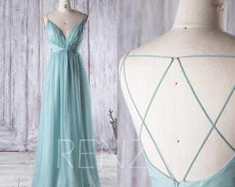 Bridesmaid Dress Soft Teal Chiffon Dress,Wedding Dress,Ruched V Neck Prom Dress,Spaghetti Strap Party Dress,Sleeveless Maxi Dress(J077)