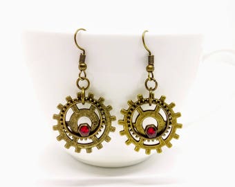 Steampunk Earrings Cog Gear Jewellery Red Bronze Accessories