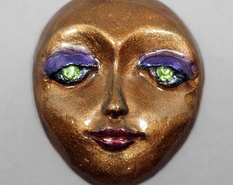Bronze Face with Green Eyes Polymer Clay Face Cabochon Art Doll Face Purple Eyeshadow Red Lips