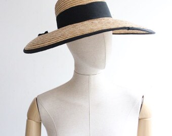 Vintage 1960's hat wide brimmed grosgrain ribbon straw summer hat 1960s summer sun hat vintage straw hat vintage straw hat beach hat