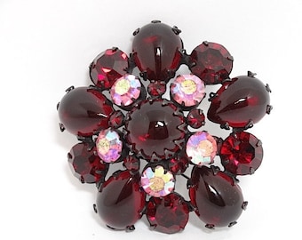 Unsigned Regency Siam Red and Aurora Borealis Domed Brooch - Red Brooch - Regency Brooch - Vintage Brooch
