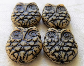 Four large opaque ivory, off white Czech glass owl beads with a black wash, focal beads, 18mm x 15mm C00101