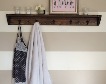 Five hook reclaimed wood towel rack // coat rack with shelf