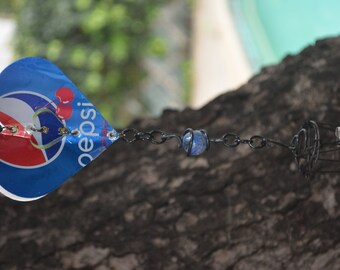 Valentine OUTDOOR GARDEN Decoration, Cherry Pepsi Heart Wind Chime. It is a unique gift idea, Recycled Garden Art, Yard Art.