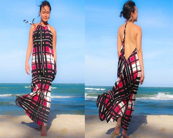 Black red Halter open back long maxi dress sun evening S M L XL