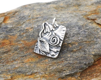 Fine silver spiral and leaf pendant, PMC jewelry, Irina Miech