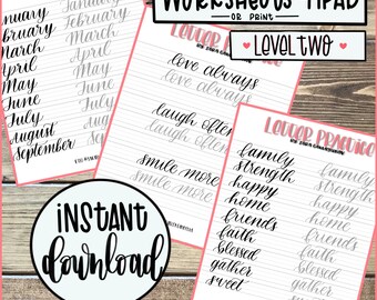 Brush Lettering Practice drills (LEVEL TWO) | printable hand lettering worksheets, word lettering, Modern Calligraphy, Print iPad Procreate