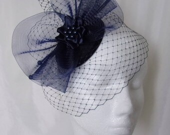 Navy Veiled Fascinator - Midnight Blue Curl Feather Veil & Crinoline Wedding Fascinator Percher Mini Hat Ascot Derby - Made to Order