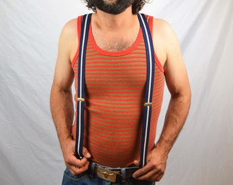 Vintage 1980s Striped Blue White Skinny Suspenders Braces