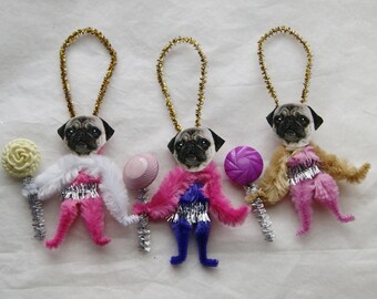 Chenille Ornaments, Easter Pug Dog, Vintage Style Primitive (199)