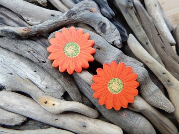 Large Wooden Orange Daisy Gerbera Sunflower Stud Earrings Studs Sun Flower Summer Happy Festival Hippie Earring Boho Earring Ear Rings