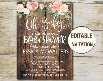 Rustic Baby Shower Invitation, Editable Invitation, Oh Baby Shower invite, Girl Baby Shower Peach Floral watercolor flowers P26