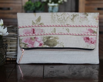 Pink Roses Fold Over Clutch Purse